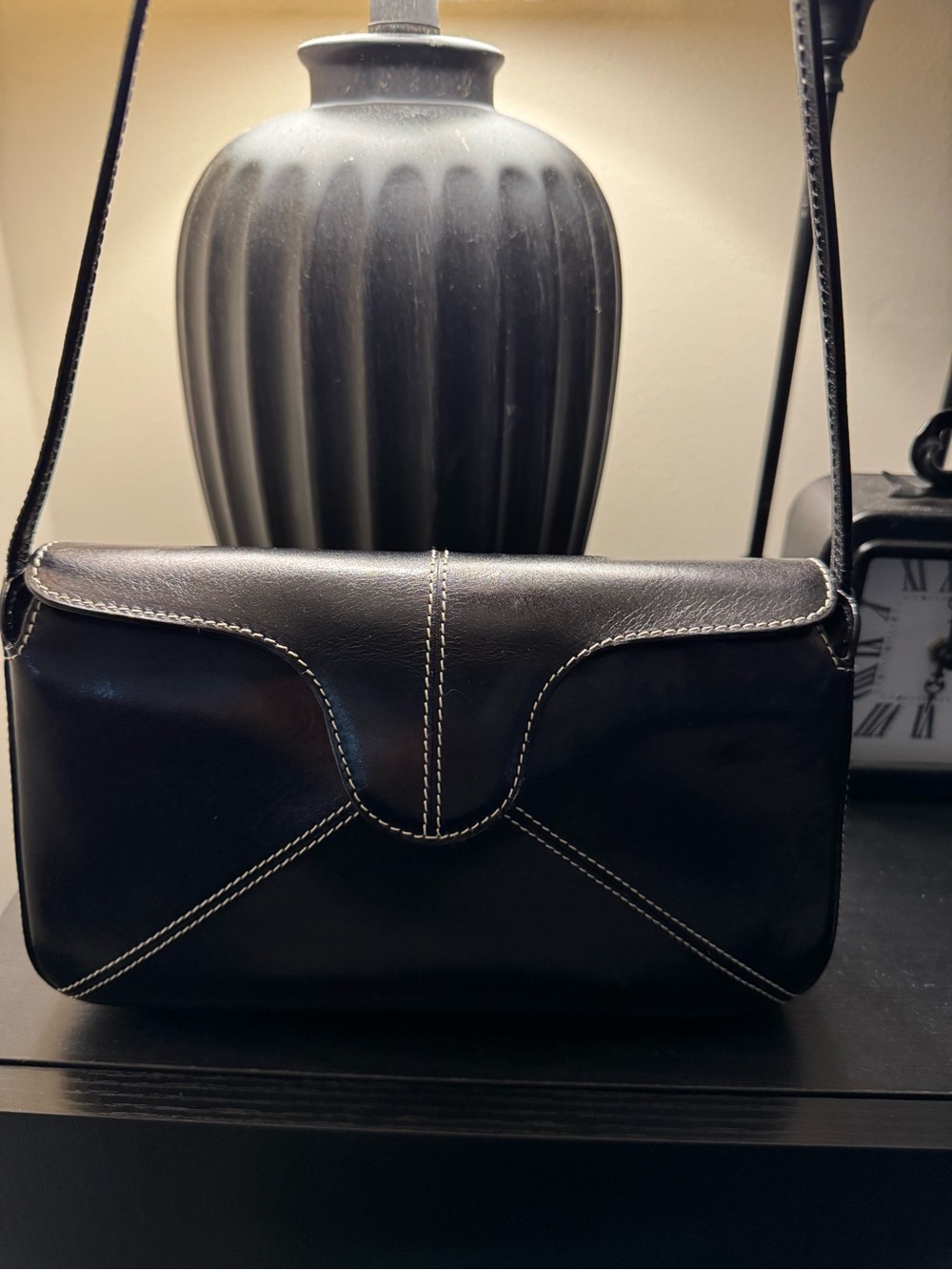 Black Leather Shoulder Bag with Contrast Stitching